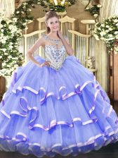  Lavender Organza Zipper Scoop Sleeveless Floor Length Ball Gown Prom Dress Beading and Ruffled Layers