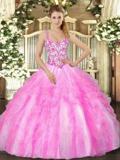 Low Price Lilac Lace Up Straps Appliques and Ruffles Sweet 16 Dress Organza Sleeveless