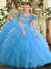 Wonderful Floor Length Aqua Blue Quinceanera Gown Tulle Sleeveless Beading and Ruffled Layers
