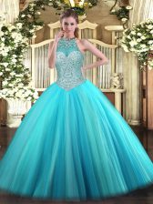  Aqua Blue Tulle Lace Up Sweet 16 Dress Sleeveless Floor Length Beading
