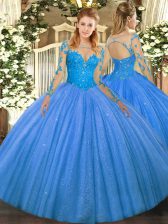 Noble Floor Length Lace Up Sweet 16 Dress Baby Blue for Military Ball and Sweet 16 and Quinceanera with Lace