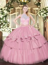 Best Baby Pink Zipper Ball Gown Prom Dress Lace and Ruffled Layers Sleeveless Floor Length