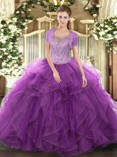 Fantastic Eggplant Purple Ball Gowns Tulle Scoop Sleeveless Beading and Ruffled Layers Floor Length Clasp Handle 15th Birthday Dress