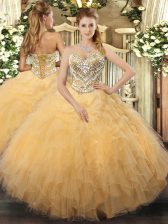 New Style Gold Sleeveless Tulle Lace Up Quinceanera Dress for Military Ball and Sweet 16 and Quinceanera
