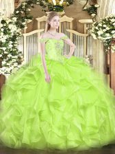 Hot Selling Yellow Green Off The Shoulder Lace Up Beading and Ruffles Ball Gown Prom Dress Sleeveless