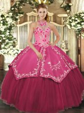 Elegant Floor Length Coral Red 15 Quinceanera Dress Satin and Tulle Sleeveless Beading and Embroidery