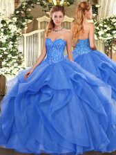 Edgy Blue Ball Gowns Beading and Ruffles 15 Quinceanera Dress Lace Up Tulle Sleeveless Floor Length