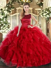 Dynamic Red Ball Gowns Scoop Sleeveless Tulle Floor Length Lace Up Ruffles 15th Birthday Dress