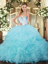 Vintage Sleeveless Floor Length Beading and Ruffles and Pick Ups Lace Up Quinceanera Dress with Aqua Blue