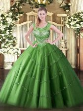  Sleeveless Floor Length Beading and Appliques Lace Up 15 Quinceanera Dress with Green