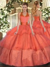 Extravagant Floor Length Orange Red Quince Ball Gowns Halter Top Sleeveless Lace Up