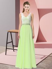 Unique Yellow Green Empire Chiffon V-neck Sleeveless Beading Floor Length Backless 