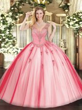  Floor Length Coral Red Ball Gown Prom Dress V-neck Sleeveless Lace Up