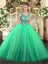 Pretty Tulle Scoop Sleeveless Lace Up Beading 15th Birthday Dress in Turquoise