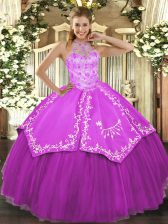  Floor Length Lace Up Vestidos de Quinceanera Fuchsia for Military Ball and Sweet 16 and Quinceanera with Beading and Embroidery