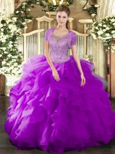 Edgy Beading and Ruffled Layers 15 Quinceanera Dress Fuchsia Clasp Handle Sleeveless Floor Length