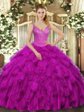  V-neck Sleeveless Organza Sweet 16 Dresses Beading and Ruffles Lace Up