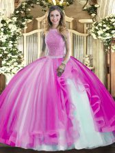  Fuchsia Ball Gowns Beading and Ruffles 15th Birthday Dress Lace Up Tulle Sleeveless Floor Length