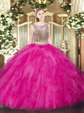 Luxury Hot Pink Scoop Neckline Beading and Ruffles Sweet 16 Quinceanera Dress Sleeveless Lace Up