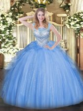  Floor Length Lace Up Sweet 16 Quinceanera Dress Blue for Sweet 16 and Quinceanera with Beading