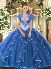 High Quality Blue Ball Gowns Sweetheart Cap Sleeves Tulle Floor Length Lace Up Beading Sweet 16 Dress