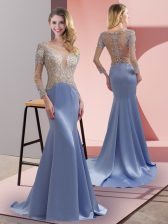  Scoop 3 4 Length Sleeve Prom Party Dress Brush Train Beading Lavender Elastic Woven Satin