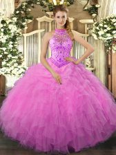  Rose Pink Organza Lace Up Halter Top Sleeveless Floor Length Ball Gown Prom Dress Beading and Ruffles