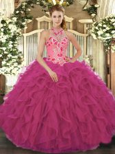  Sleeveless Floor Length Beading and Embroidery and Ruffles Lace Up Vestidos de Quinceanera with Hot Pink