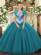  Teal Lace Up Sweetheart Beading and Sequins Sweet 16 Dress Tulle Sleeveless