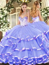 Decent Sleeveless Floor Length Beading and Ruffled Layers Lace Up Ball Gown Prom Dress with Lavender