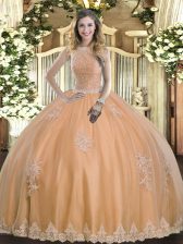  Peach Sleeveless Beading and Appliques Floor Length Quinceanera Gown