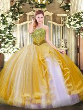 Affordable Beading and Ruffles Sweet 16 Quinceanera Dress Gold Lace Up Sleeveless Floor Length