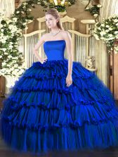 Custom Designed Royal Blue Ball Gowns Ruffled Layers Sweet 16 Dresses Zipper Organza Sleeveless Floor Length