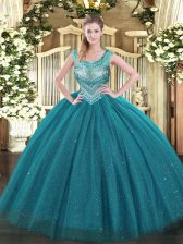  Teal Scoop Lace Up Beading Quinceanera Dresses Sleeveless