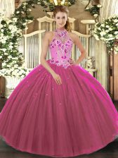 Shining Fuchsia Tulle Lace Up Halter Top Sleeveless Floor Length Vestidos de Quinceanera Embroidery