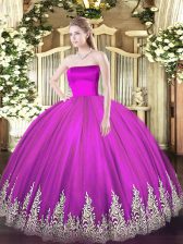  Fuchsia Zipper Quinceanera Gowns Appliques Sleeveless Floor Length