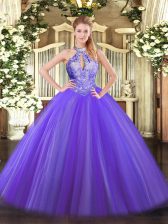  Floor Length Purple Sweet 16 Dress Halter Top Sleeveless Lace Up