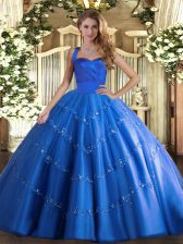  Blue Ball Gowns Appliques Quinceanera Gowns Lace Up Tulle Sleeveless Floor Length