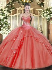 Beautiful Ball Gowns Vestidos de Quinceanera Coral Red Sweetheart Tulle Sleeveless Floor Length Lace Up