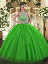  Ball Gowns Halter Top Sleeveless Tulle Floor Length Lace Up Beading Vestidos de Quinceanera