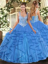  Floor Length Baby Blue Ball Gown Prom Dress Straps Sleeveless Lace Up