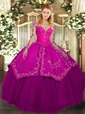  Fuchsia Ball Gowns Organza and Taffeta Scoop Long Sleeves Lace and Embroidery Floor Length Lace Up 15th Birthday Dress