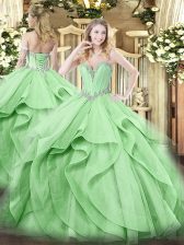 Elegant Green Ball Gowns Beading and Ruffles Quinceanera Gown Lace Up Tulle Sleeveless Floor Length