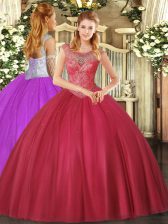  Coral Red Sleeveless Floor Length Beading Lace Up 15th Birthday Dress