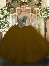 Beauteous Floor Length Brown Quinceanera Gowns Tulle Sleeveless Beading and Ruffles