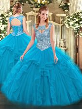  Sleeveless Floor Length Beading and Ruffles Lace Up Quinceanera Gowns with Blue
