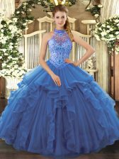 Luxurious Blue Halter Top Lace Up Beading and Embroidery and Ruffles Sweet 16 Dresses Sleeveless