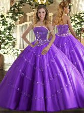 Eye-catching Lavender Tulle Lace Up Quinceanera Gown Sleeveless Floor Length Beading and Appliques