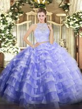 Fashion Lavender Sleeveless Lace and Ruffled Layers Floor Length Quince Ball Gowns