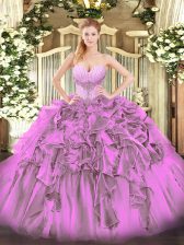  Lilac Ball Gowns Beading and Ruffles 15th Birthday Dress Lace Up Organza Sleeveless Floor Length